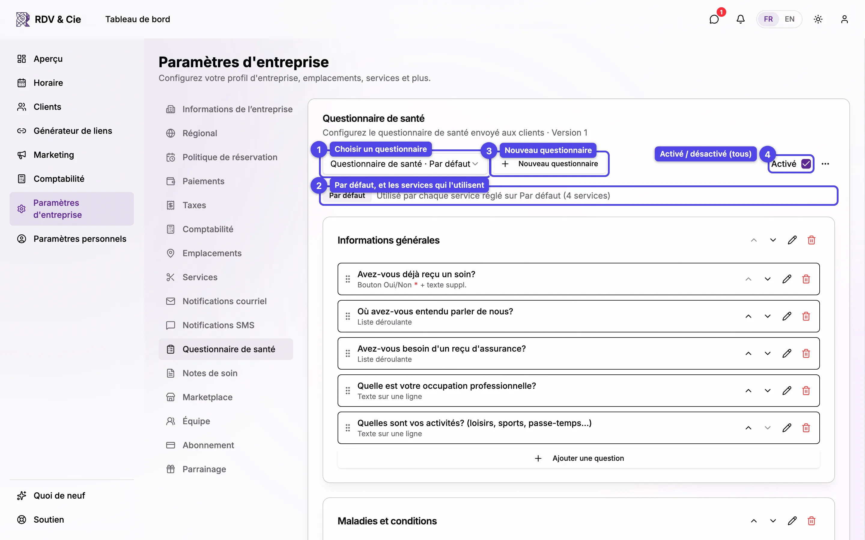 Le haut de l'onglet Questionnaire de santé avec plusieurs questionnaires : le sélecteur de questionnaire avec son badge Par défaut, la ligne indiquant les services qui l'utilisent, le bouton Nouveau questionnaire et l'interrupteur Activé.