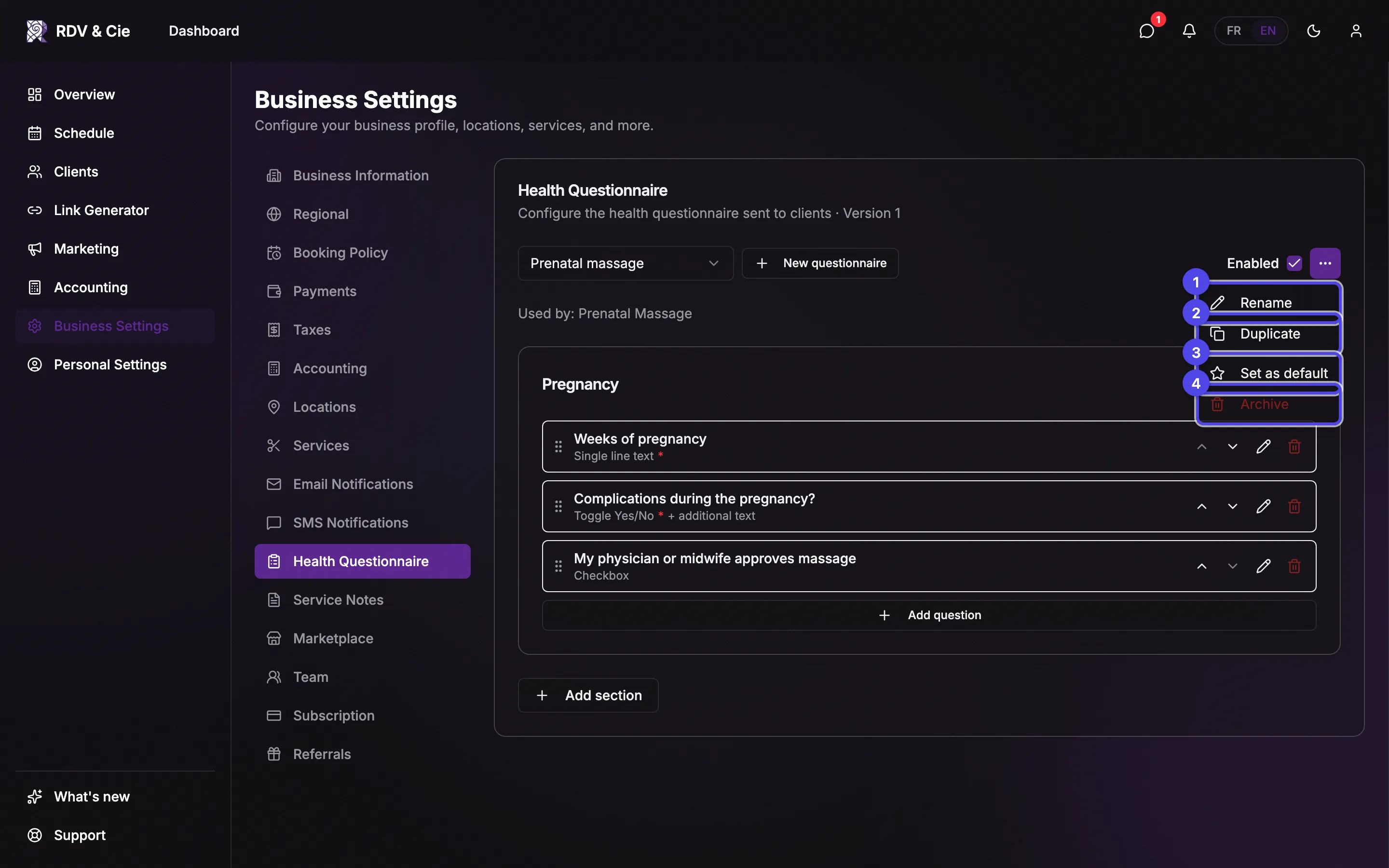 The ⋯ menu of a questionnaire that isn't the default: Rename, Duplicate, Set as default, and Archive.