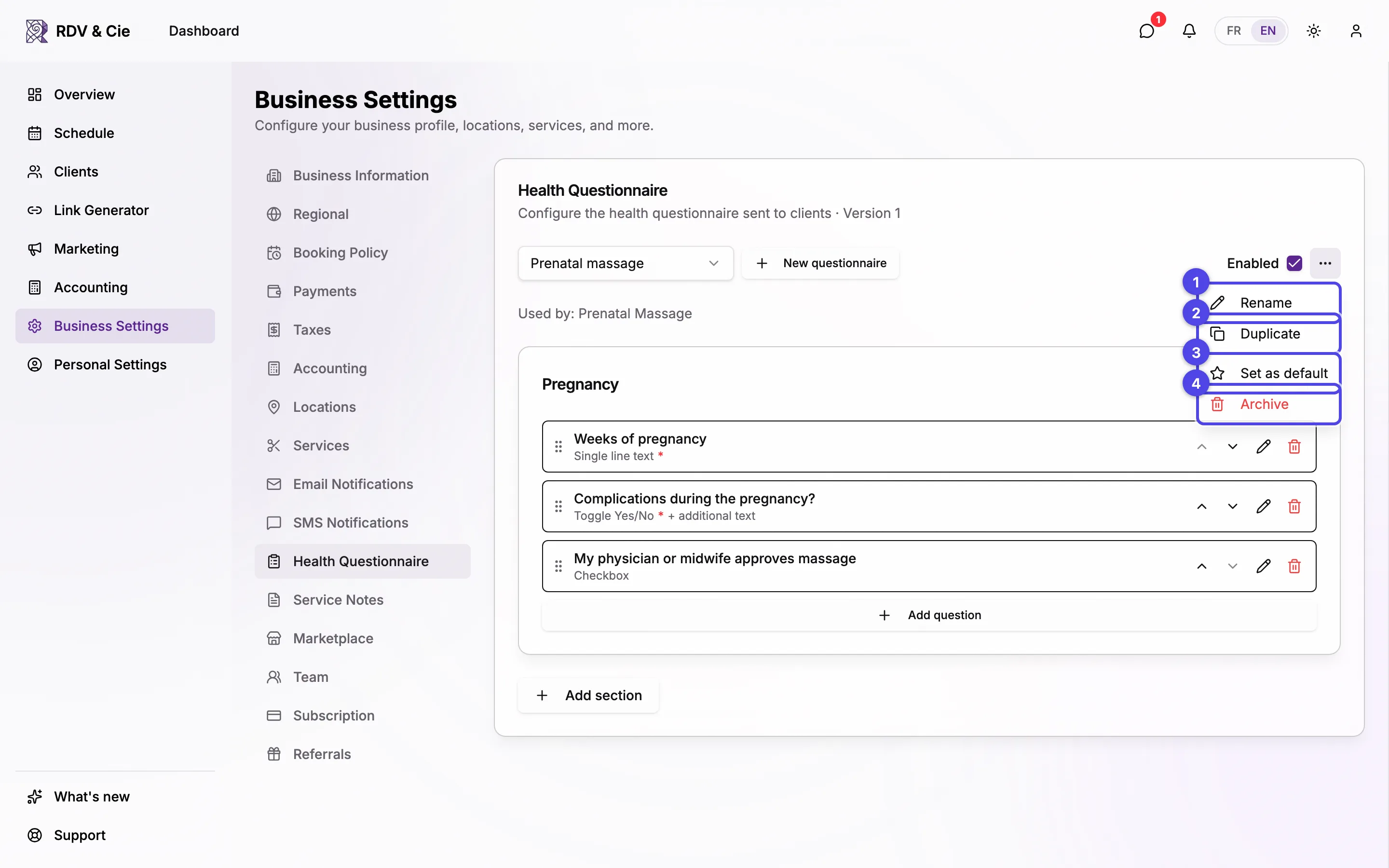The ⋯ menu of a questionnaire that isn't the default: Rename, Duplicate, Set as default, and Archive.