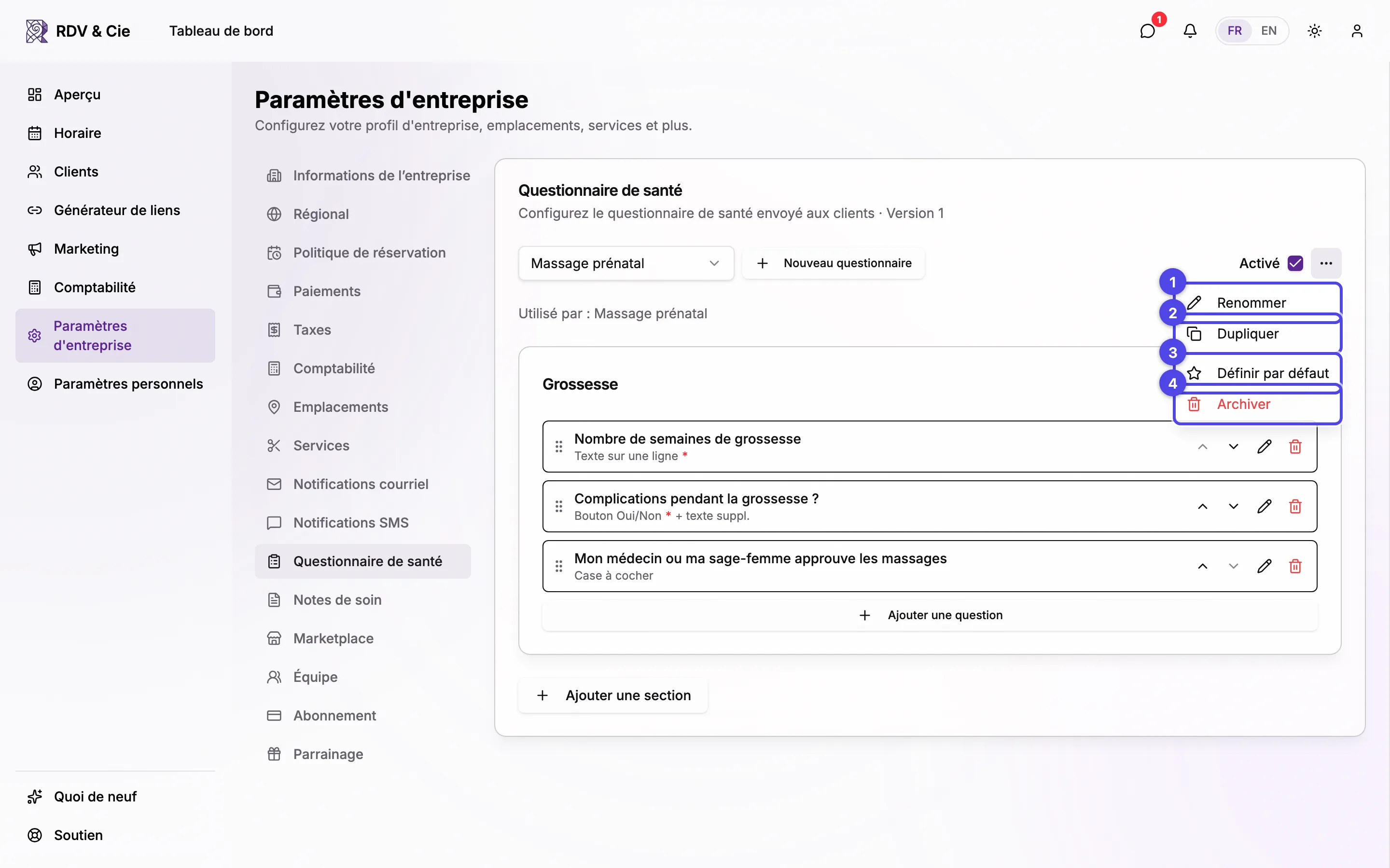 Le menu ⋯ d'un questionnaire qui n'est pas celui par défaut : Renommer, Dupliquer, Définir par défaut et Archiver.