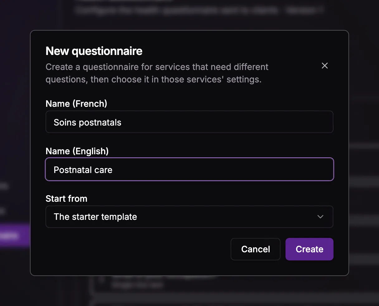 The New questionnaire dialog with the French and English name fields and the Start from selector.