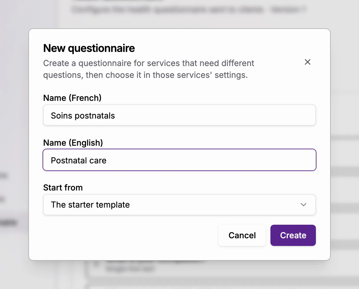 The New questionnaire dialog with the French and English name fields and the Start from selector.
