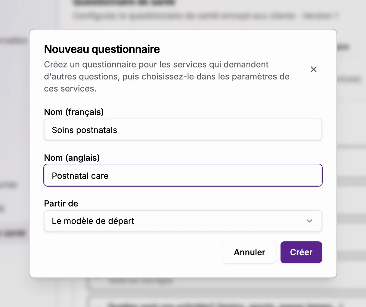 La fenêtre Nouveau questionnaire avec les champs de nom en français et en anglais et le sélecteur Partir de.