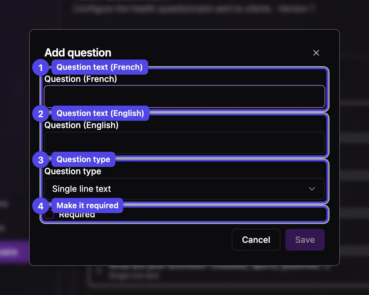 The Add question dialog with the question text fields, the question type selector, and the Required checkbox.