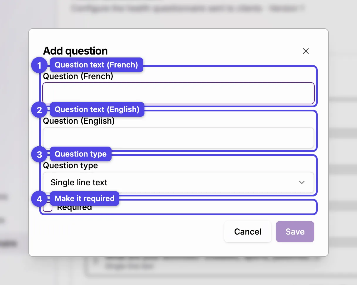 The Add question dialog with the question text fields, the question type selector, and the Required checkbox.