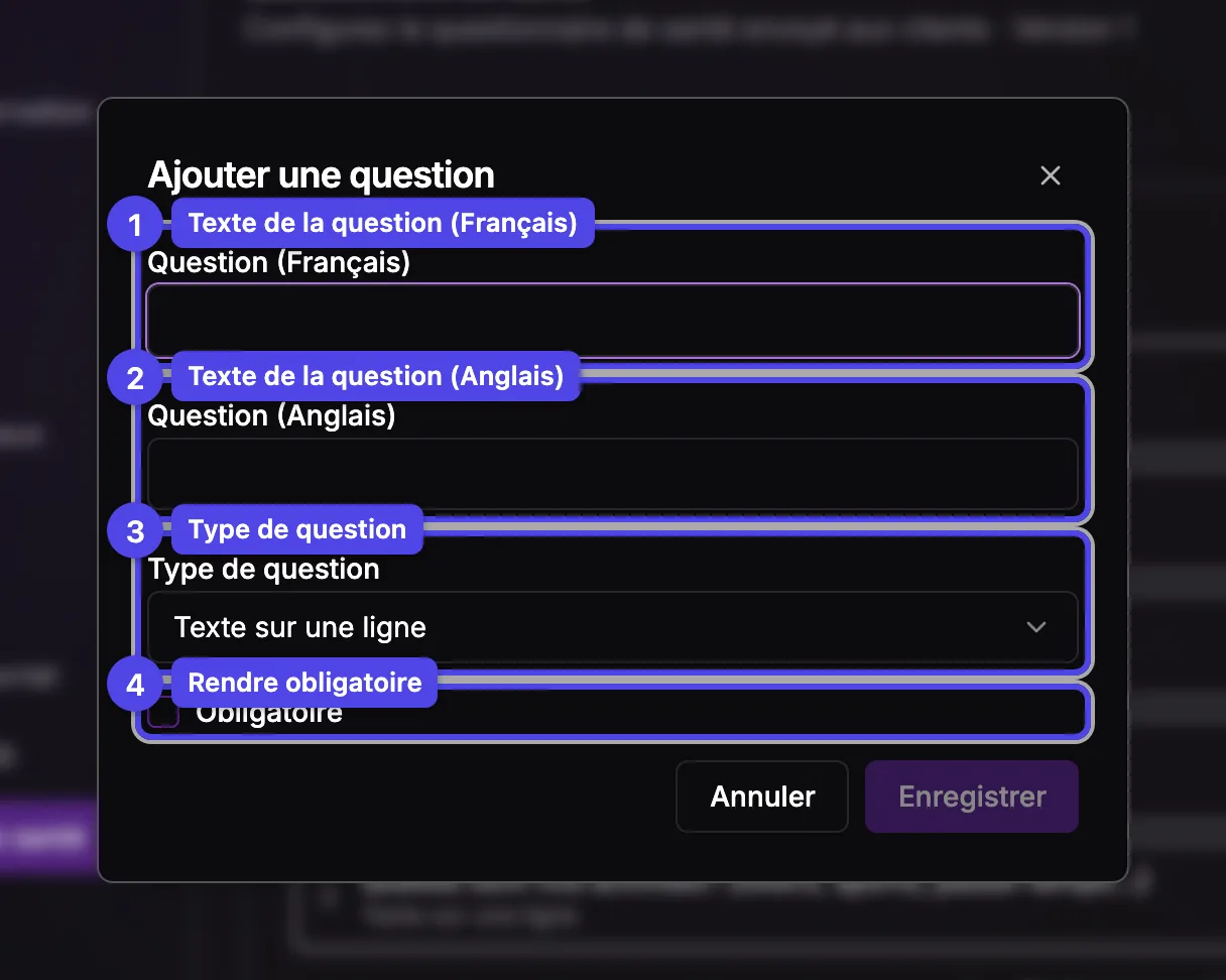 La fenêtre Ajouter une question avec les champs de texte de la question, le sélecteur de type de question et la case Obligatoire.