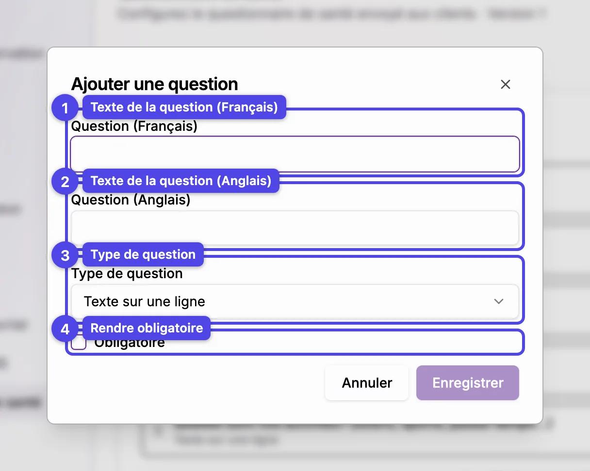 La fenêtre Ajouter une question avec les champs de texte de la question, le sélecteur de type de question et la case Obligatoire.