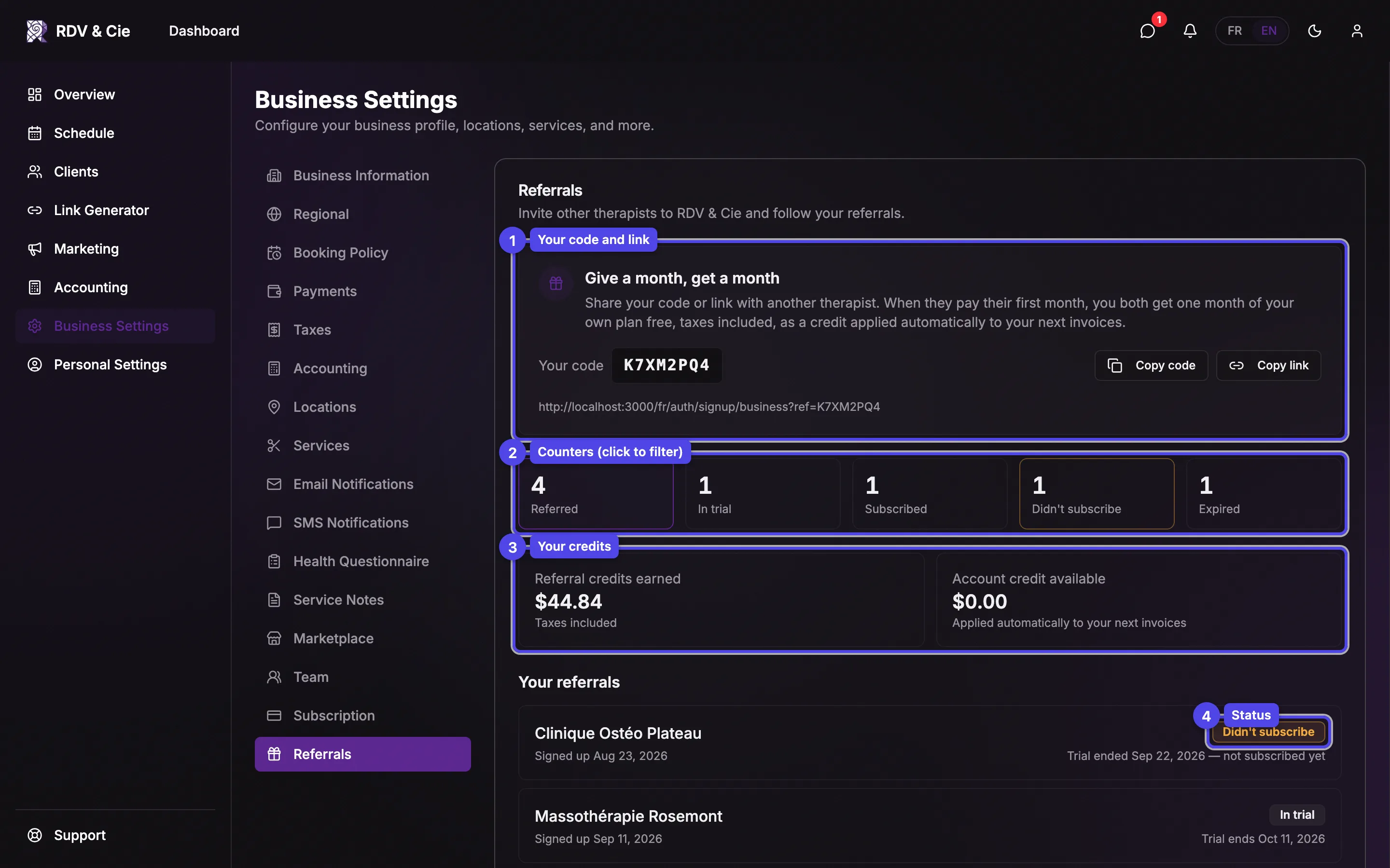 The Referrals section: the referral code with Copy code and Copy link, the counters, the credits, and the list of referrals with their status.