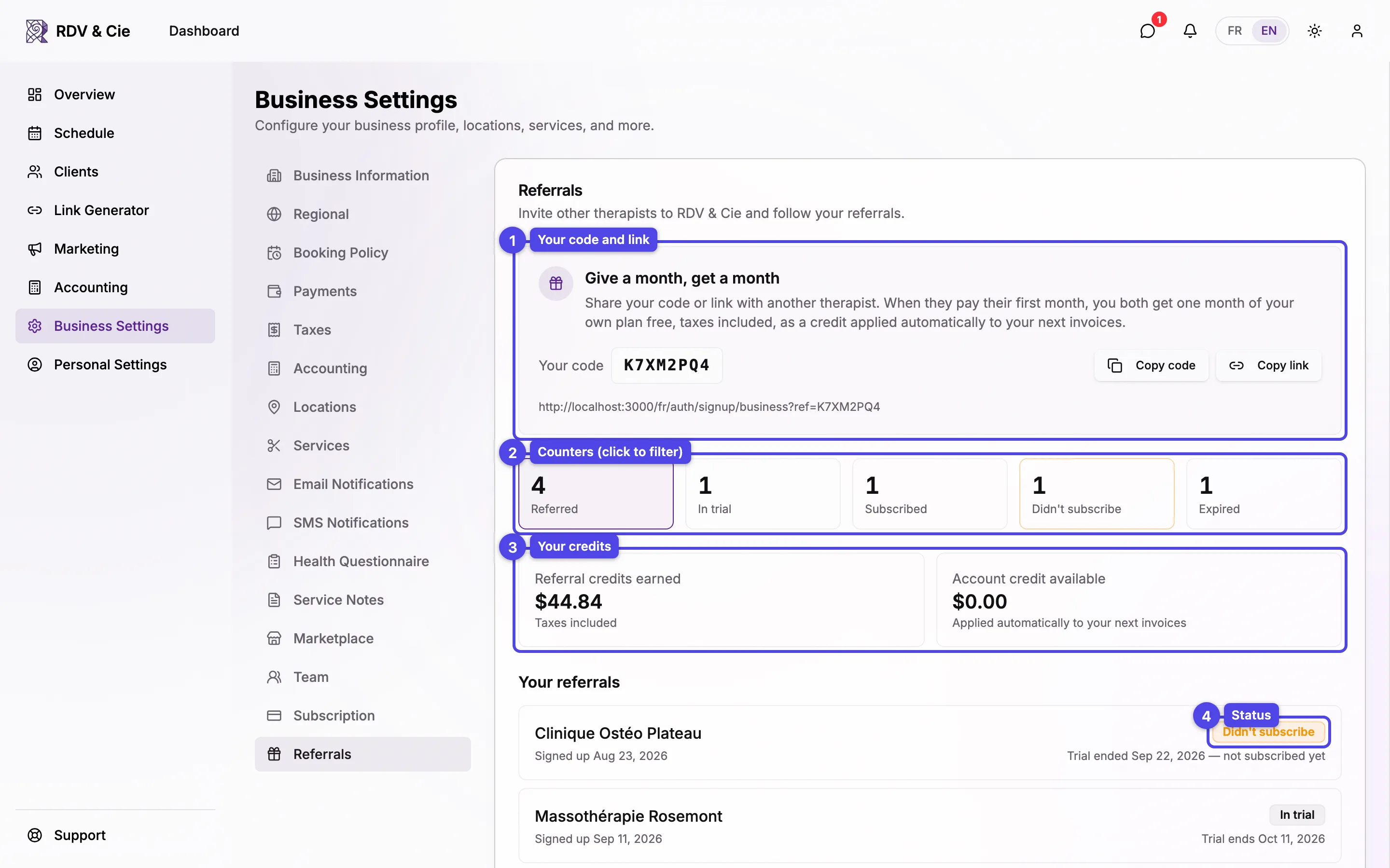 The Referrals section: the referral code with Copy code and Copy link, the counters, the credits, and the list of referrals with their status.