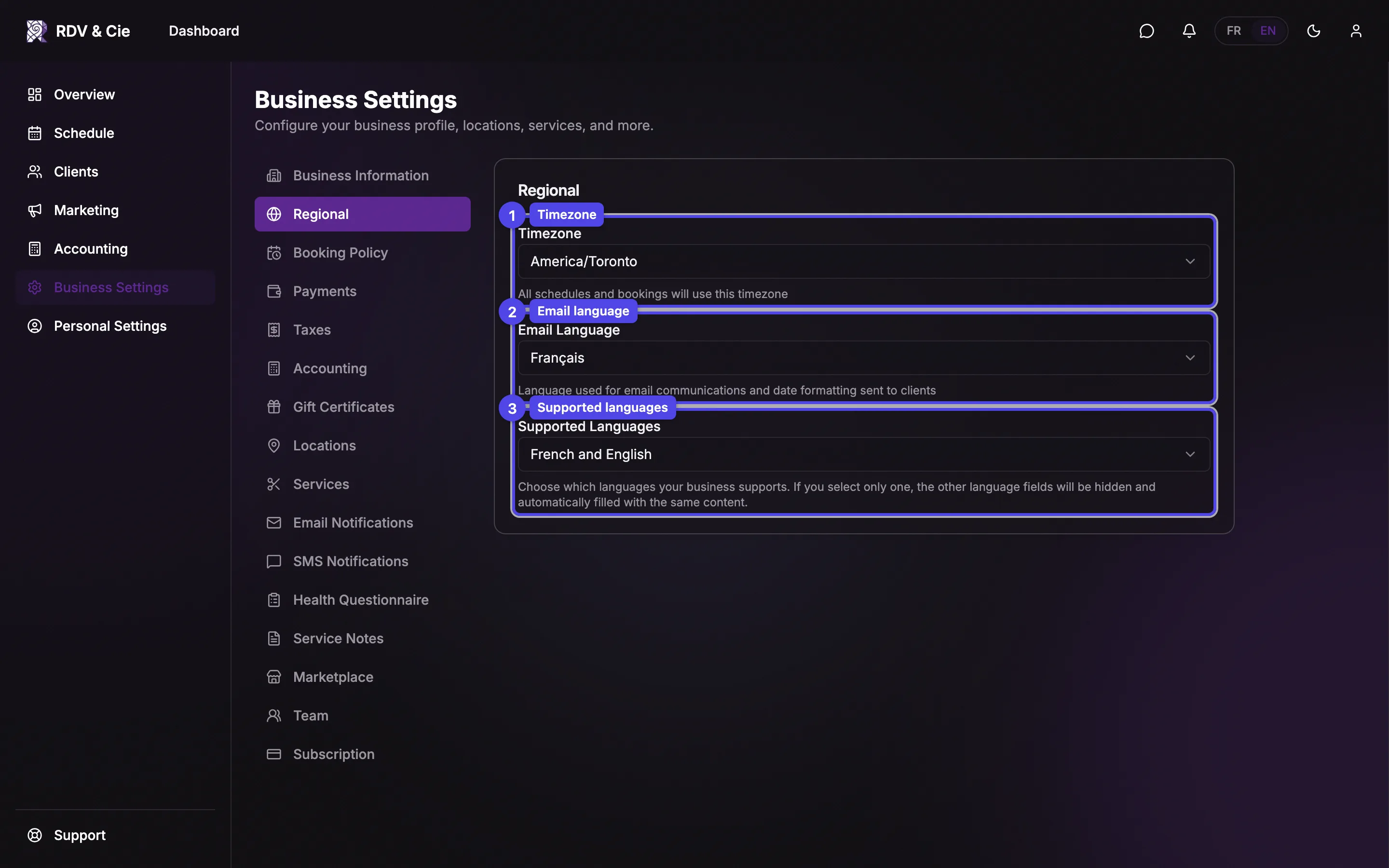 The Regional section with timezone, email language, and supported languages.