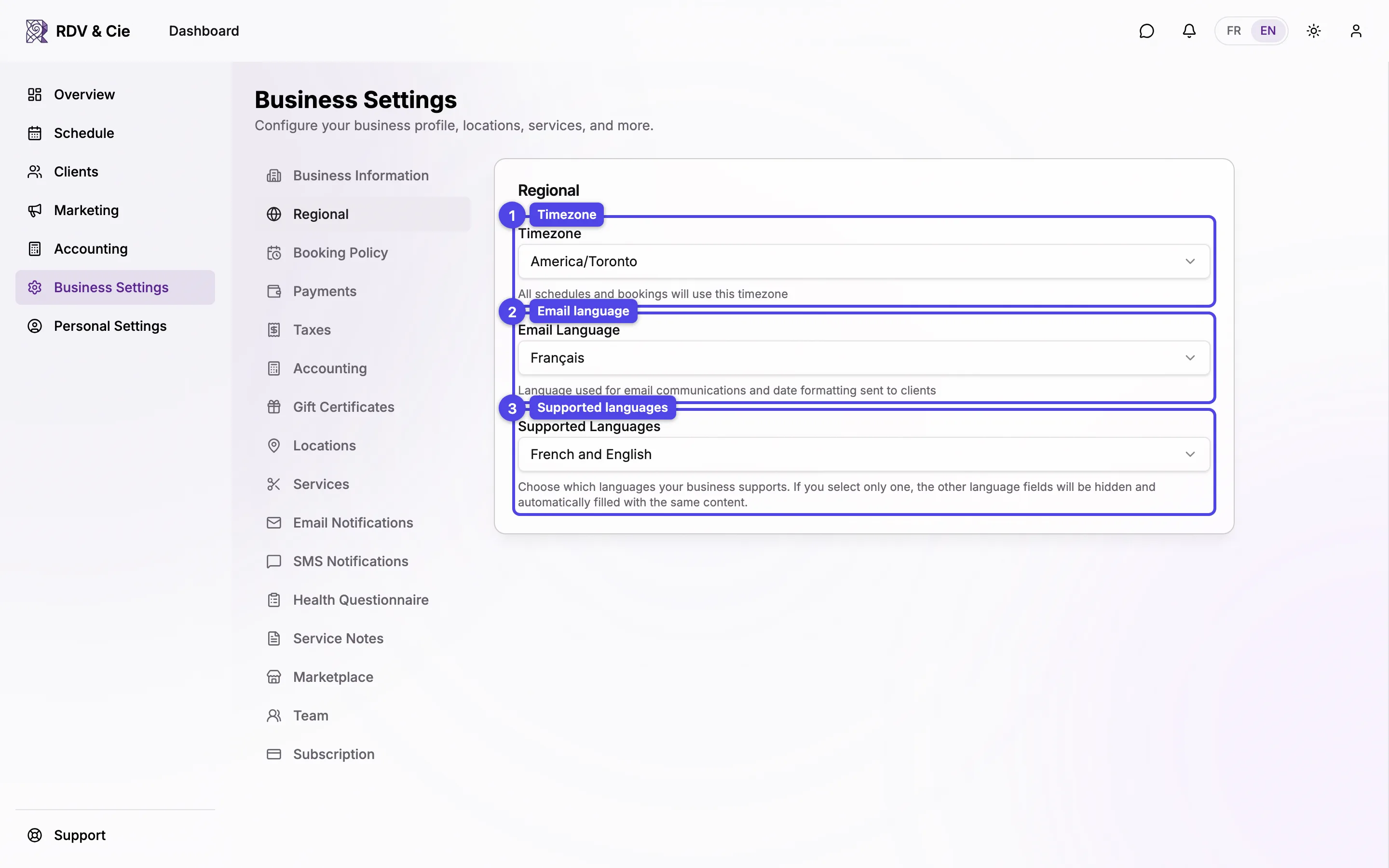 The Regional section with timezone, email language, and supported languages.
