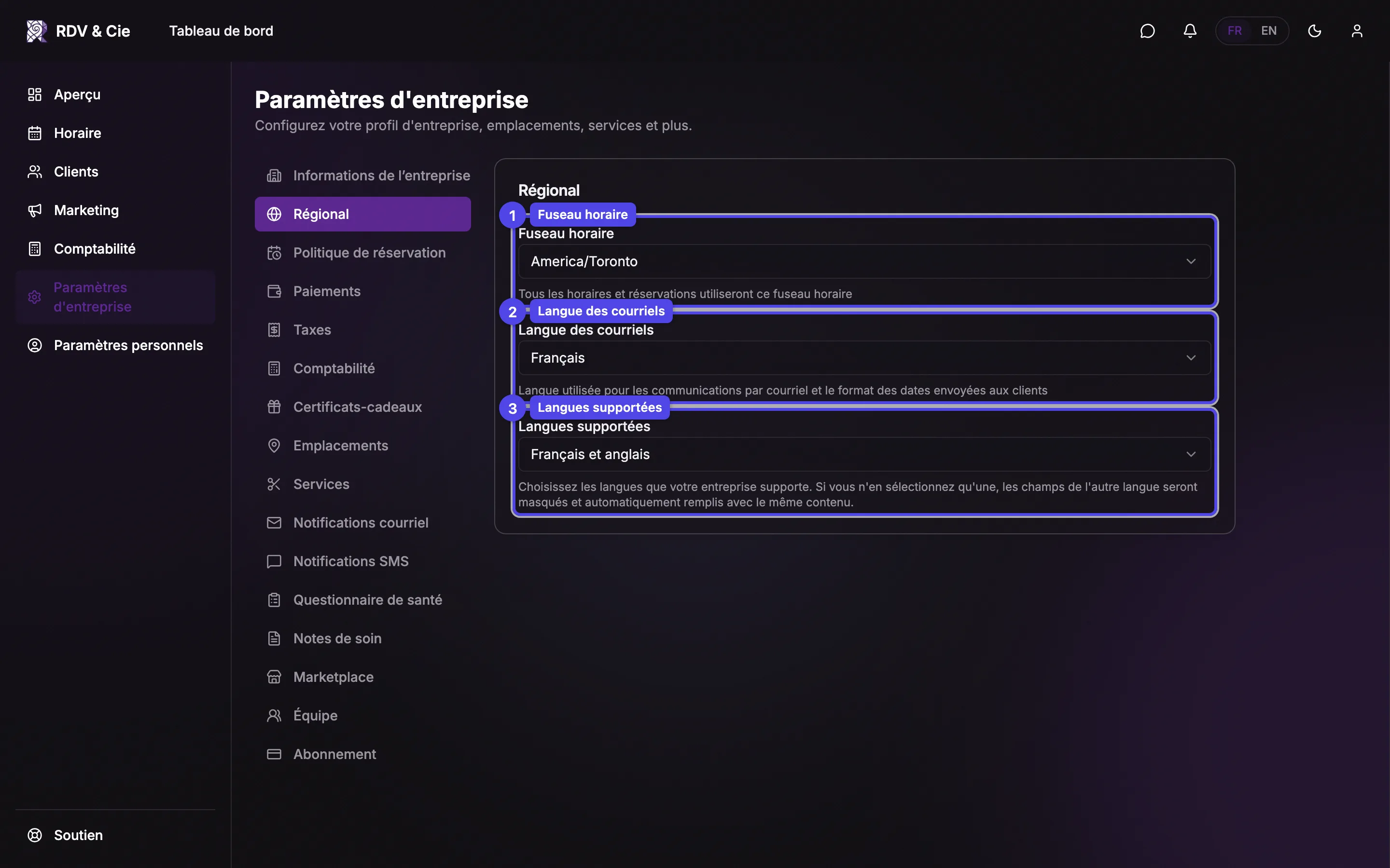 La section Régional avec le fuseau horaire, la langue des courriels et les langues supportées.