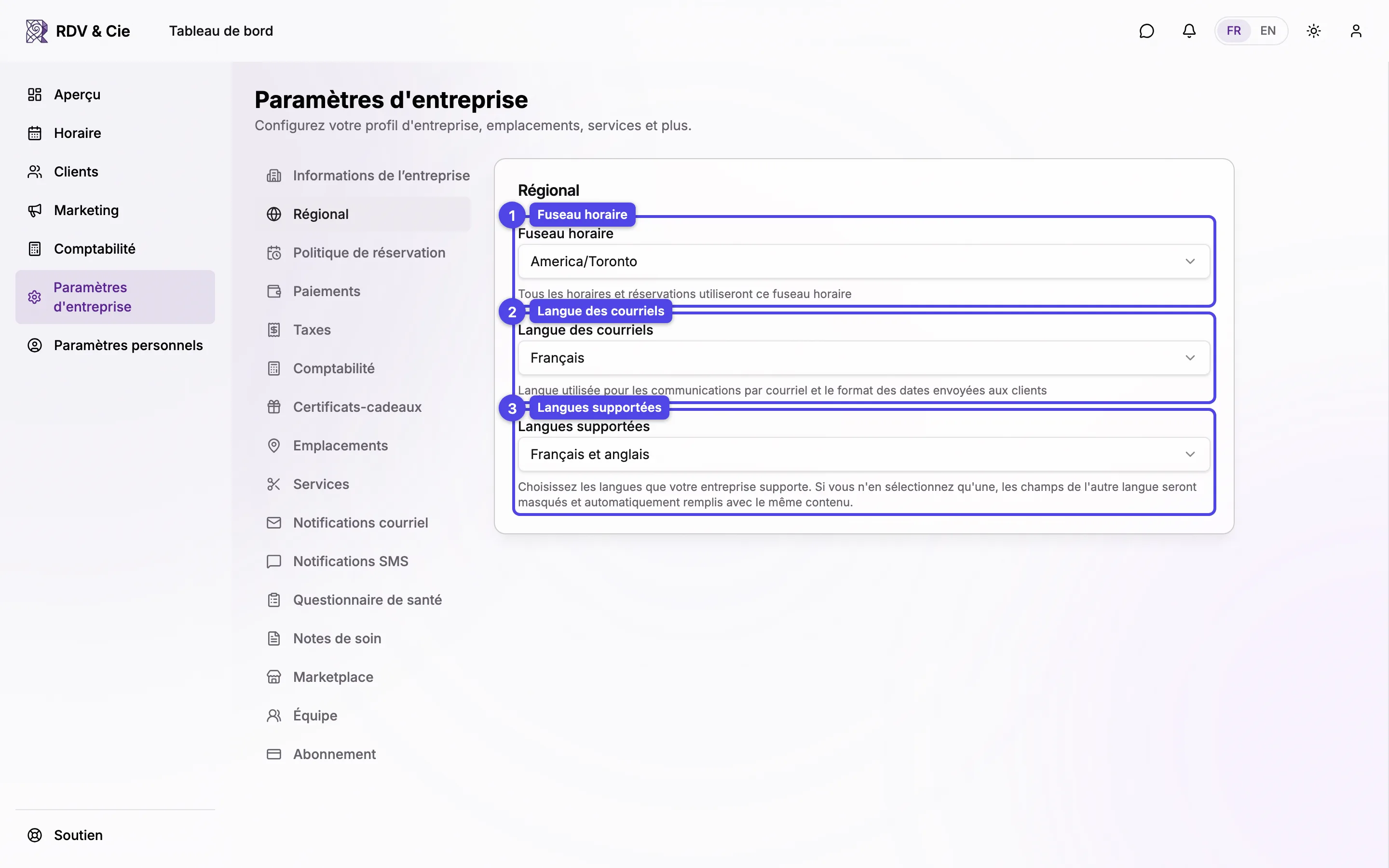 La section Régional avec le fuseau horaire, la langue des courriels et les langues supportées.