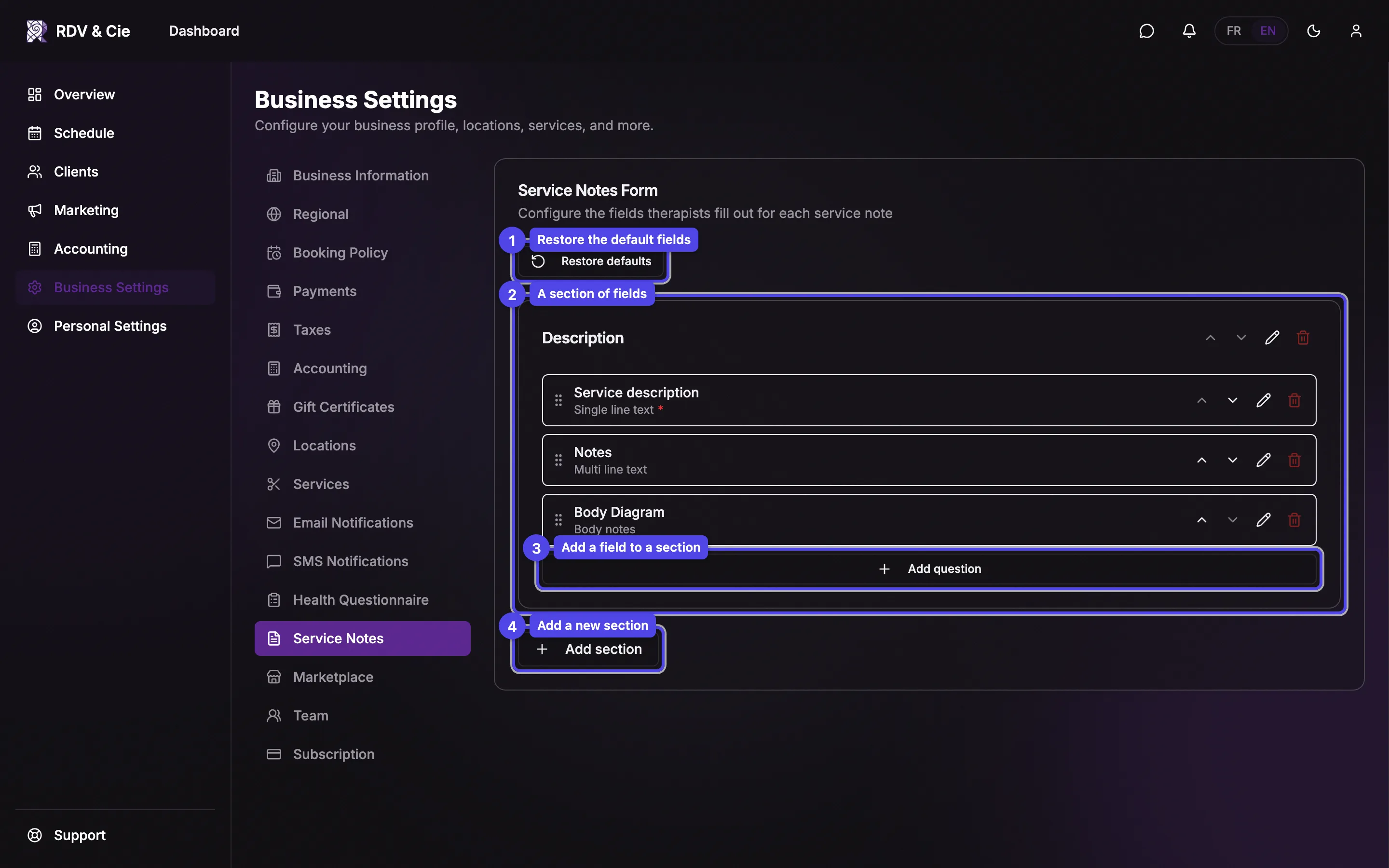The Service Notes Form builder with the Restore defaults button, the default Description section and its fields, plus Add question and Add section buttons.