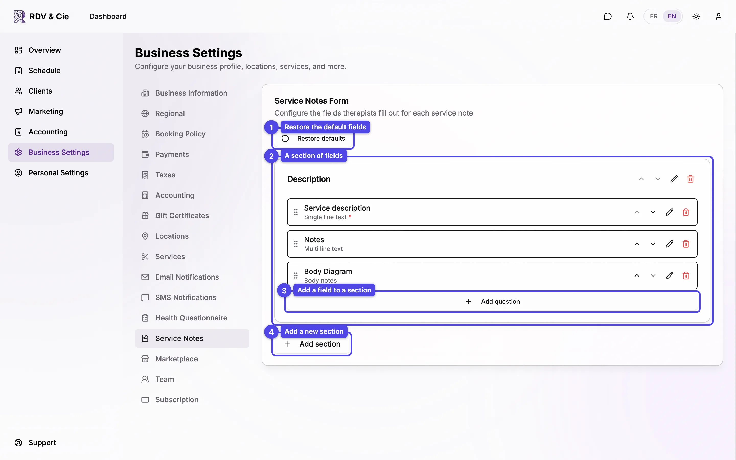 The Service Notes Form builder with the Restore defaults button, the default Description section and its fields, plus Add question and Add section buttons.