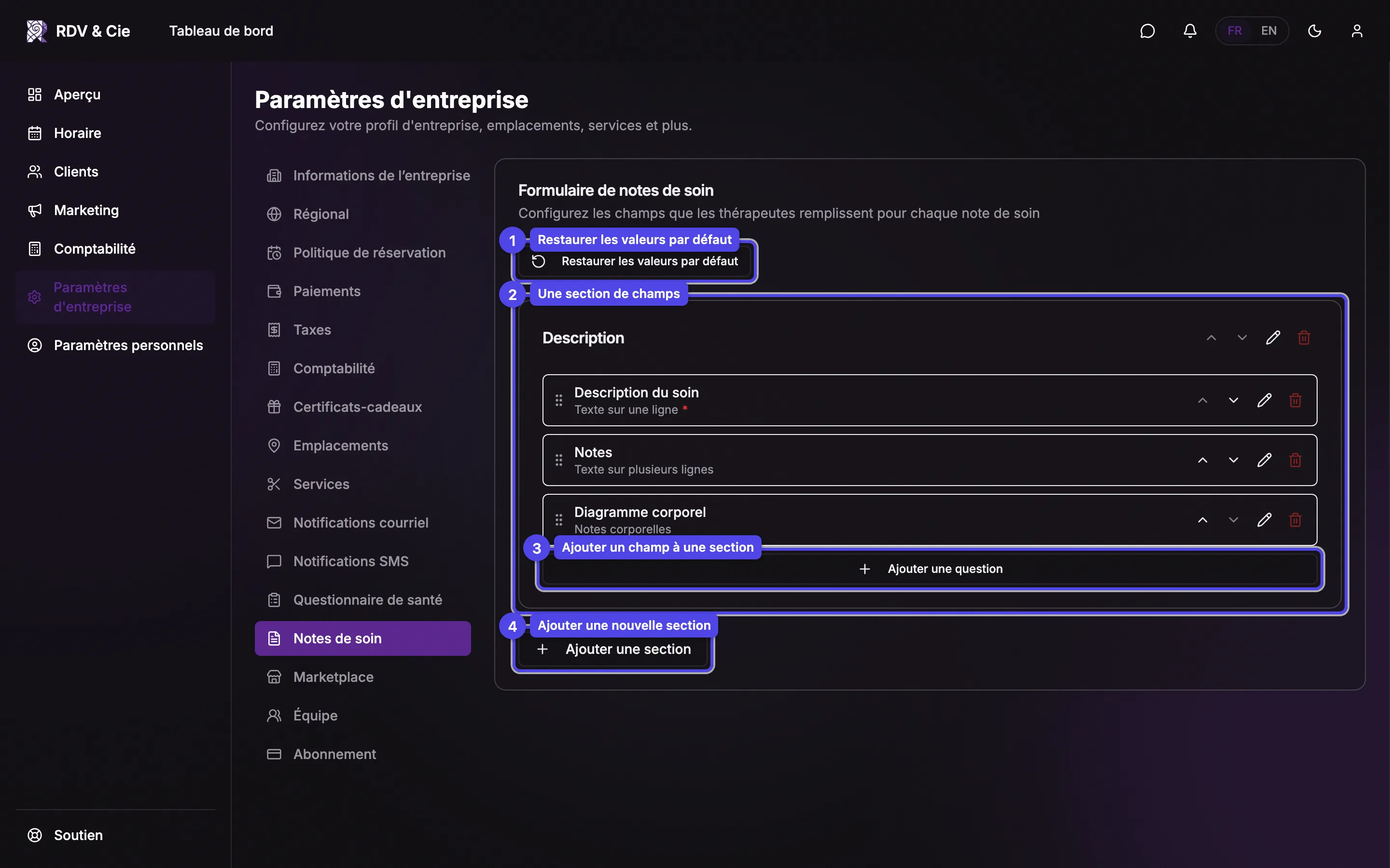 Le constructeur du Formulaire de notes de soin avec le bouton Restaurer les valeurs par défaut, la section Description par défaut et ses champs, plus les boutons Ajouter une question et Ajouter une section.