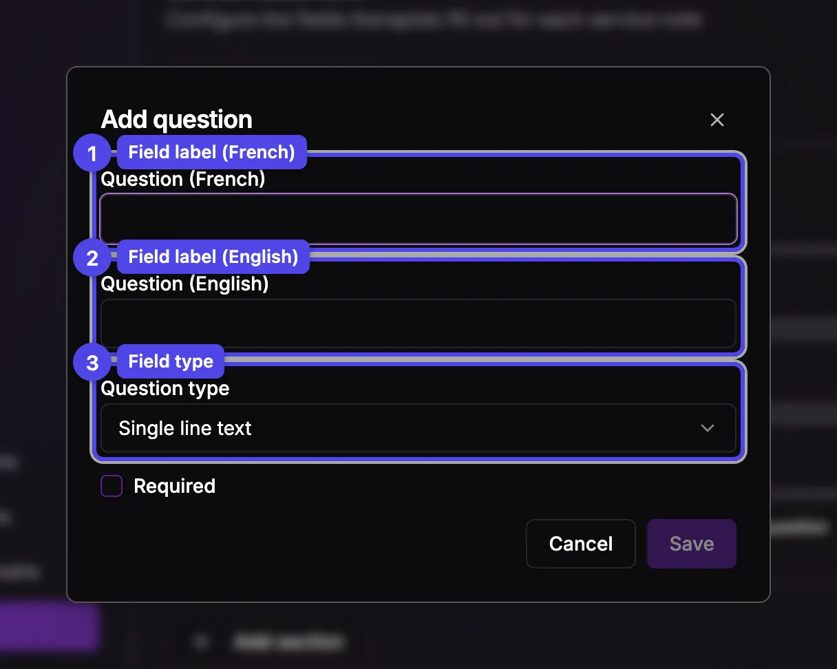 The Add field dialog with the label fields and the field type selector.