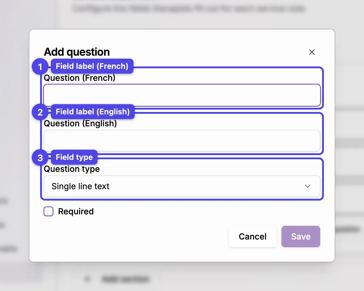 The Add field dialog with the label fields and the field type selector.