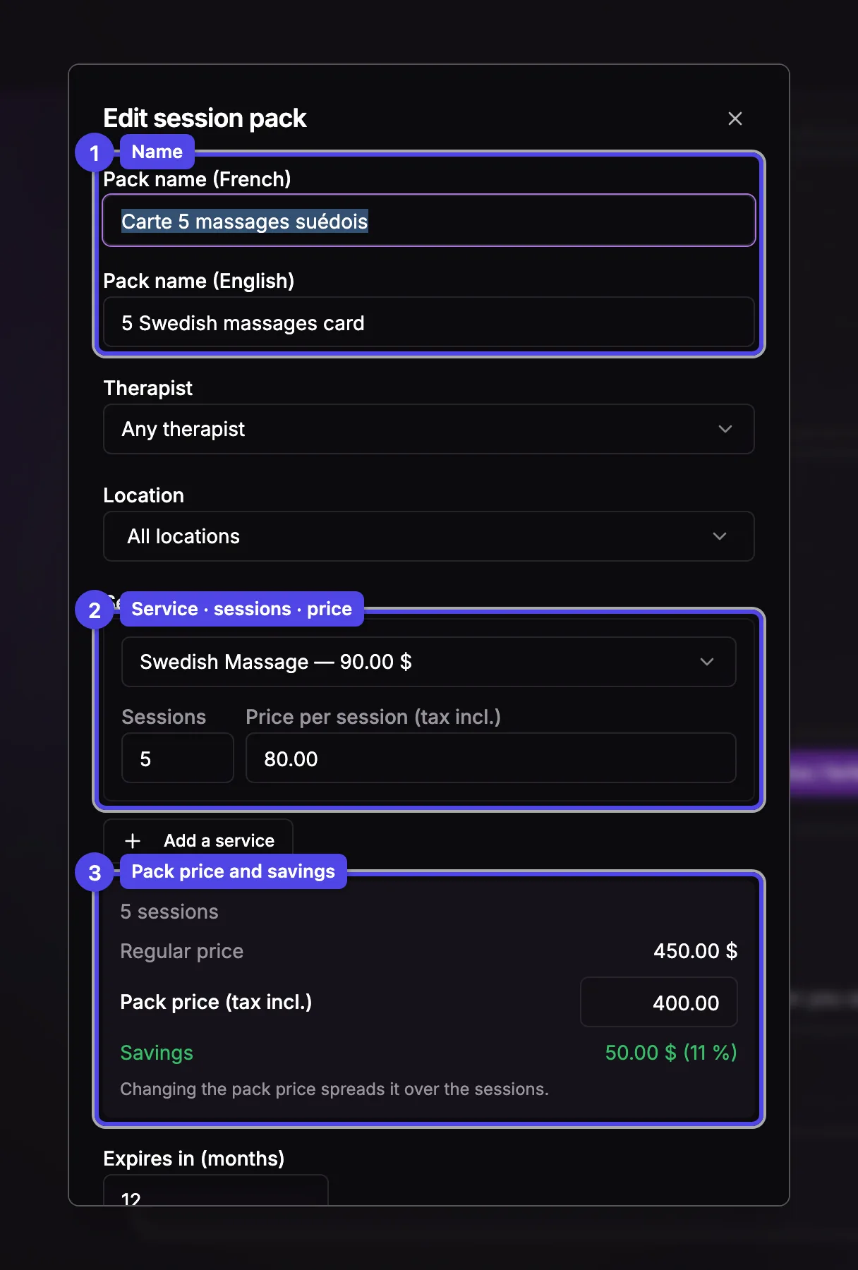 The session pack editor: name, therapist, session rows with the price per session, the pack price with the savings, and the validity