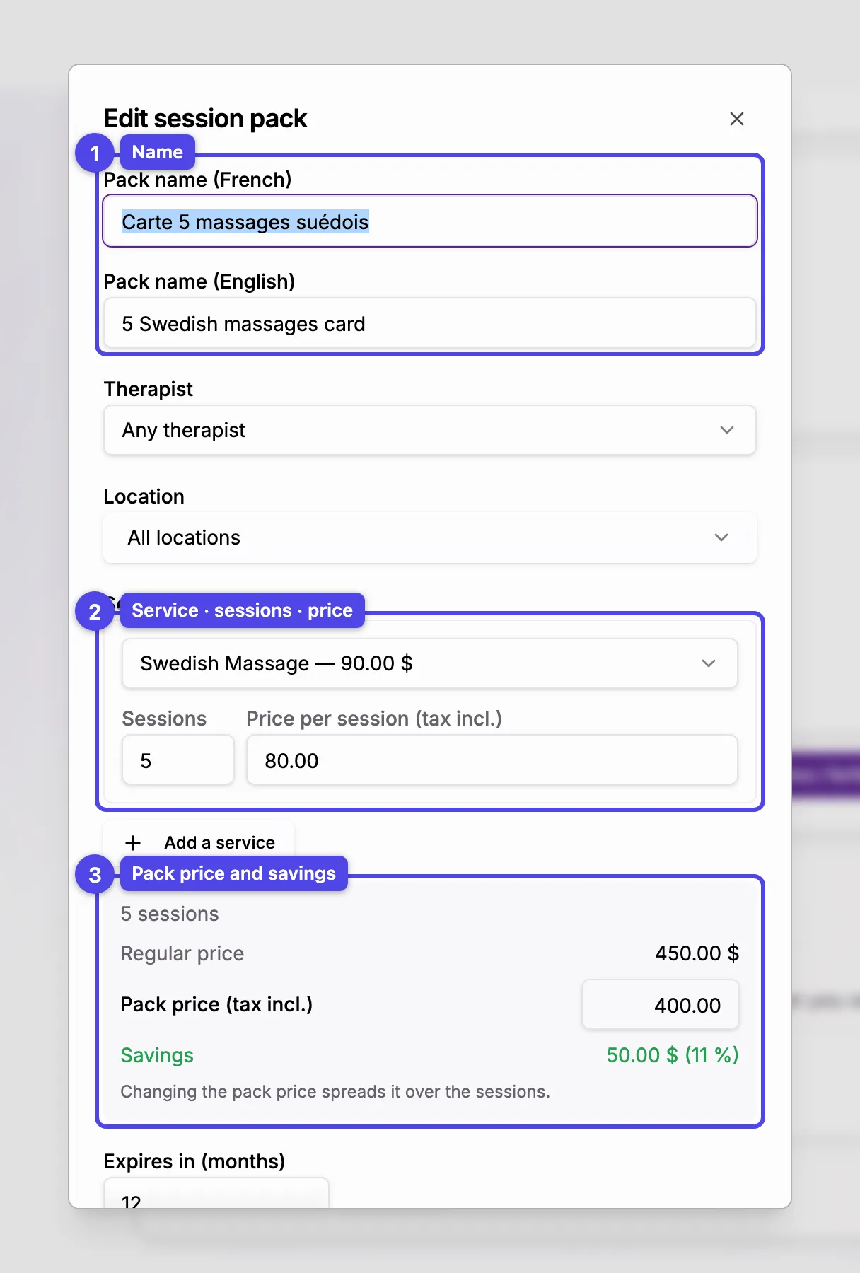 The session pack editor: name, therapist, session rows with the price per session, the pack price with the savings, and the validity