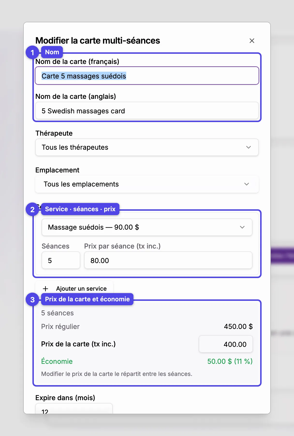 L'éditeur de carte multi-séances : nom, thérapeute, lignes de séances avec le prix par séance, le prix de la carte avec l'économie, et la validité