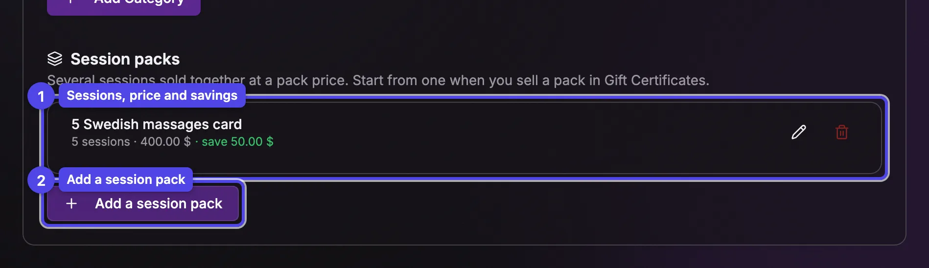 The Session packs section of the Services tab with a pack showing its number of sessions, price and savings, and the Add a session pack button