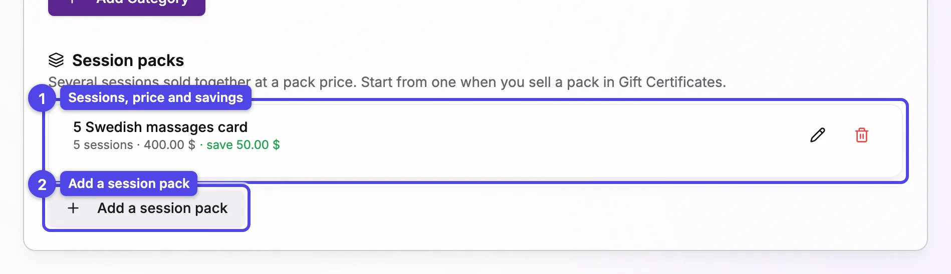 The Session packs section of the Services tab with a pack showing its number of sessions, price and savings, and the Add a session pack button