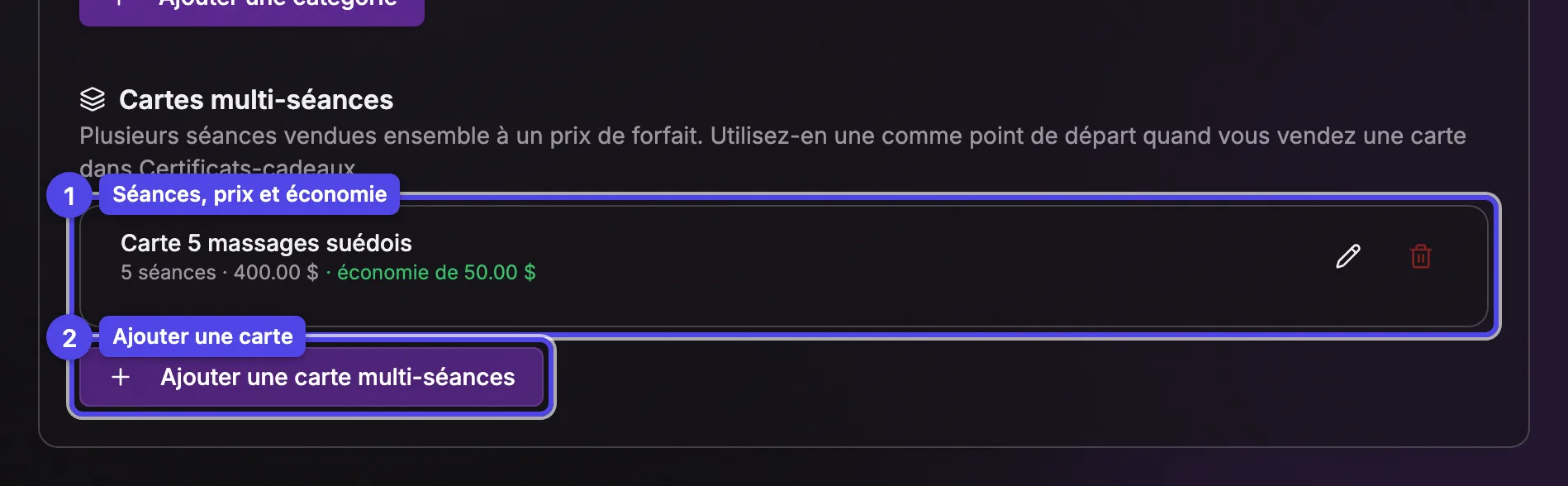 La section Cartes multi-séances de l'onglet Services avec une carte affichant son nombre de séances, son prix et l'économie, et le bouton Ajouter une carte multi-séances