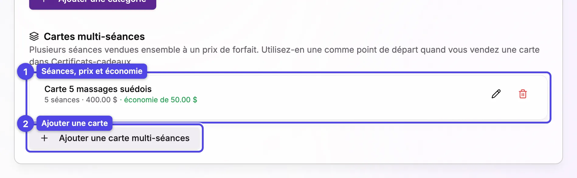 La section Cartes multi-séances de l'onglet Services avec une carte affichant son nombre de séances, son prix et l'économie, et le bouton Ajouter une carte multi-séances