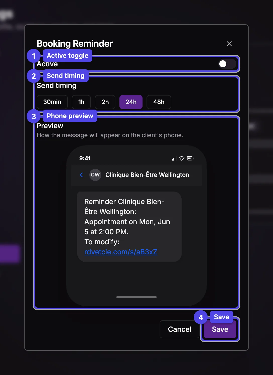 The SMS rule editor showing the Active toggle, the send-timing picker, and a phone preview
