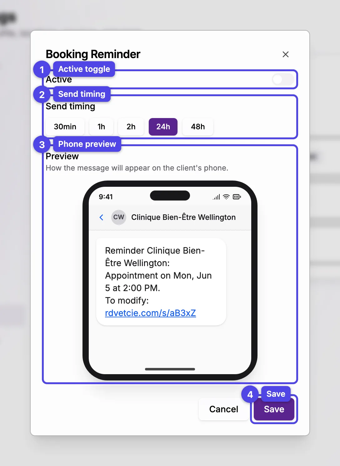 The SMS rule editor showing the Active toggle, the send-timing picker, and a phone preview
