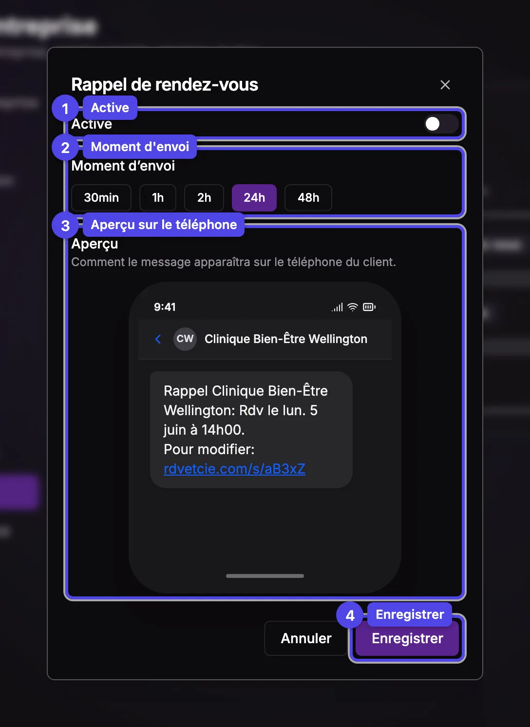 L'éditeur de règle SMS avec l'interrupteur Active, le sélecteur de moment d'envoi et un aperçu sur téléphone