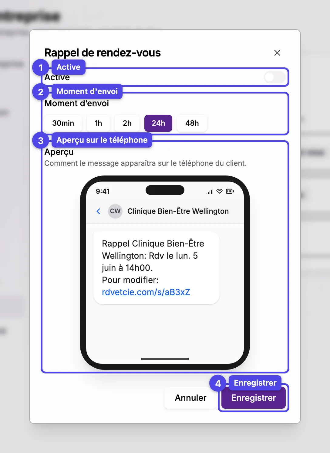 L'éditeur de règle SMS avec l'interrupteur Active, le sélecteur de moment d'envoi et un aperçu sur téléphone