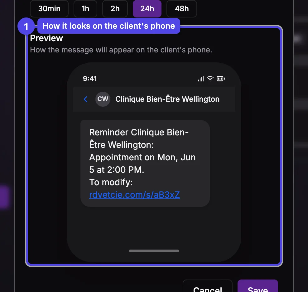 A phone-mockup preview of the SMS as the client would receive it