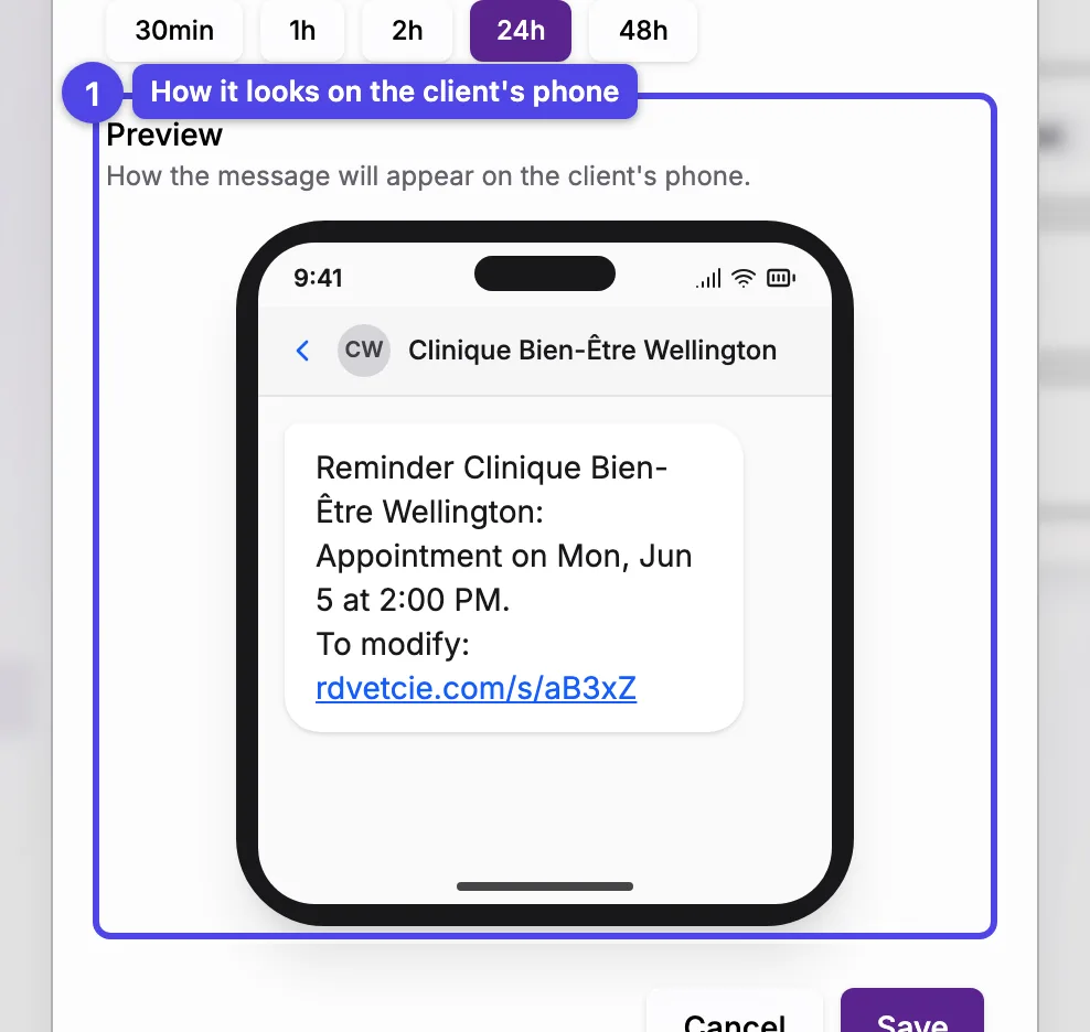 A phone-mockup preview of the SMS as the client would receive it