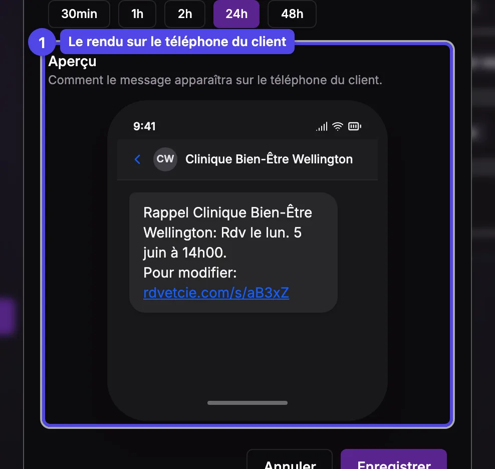 Un aperçu en maquette de téléphone du SMS tel que le client le recevrait