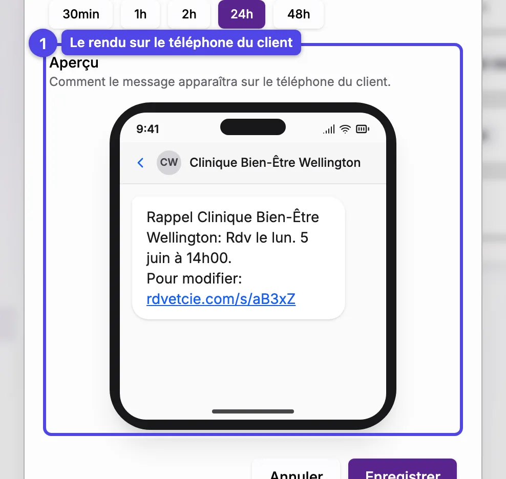 Un aperçu en maquette de téléphone du SMS tel que le client le recevrait