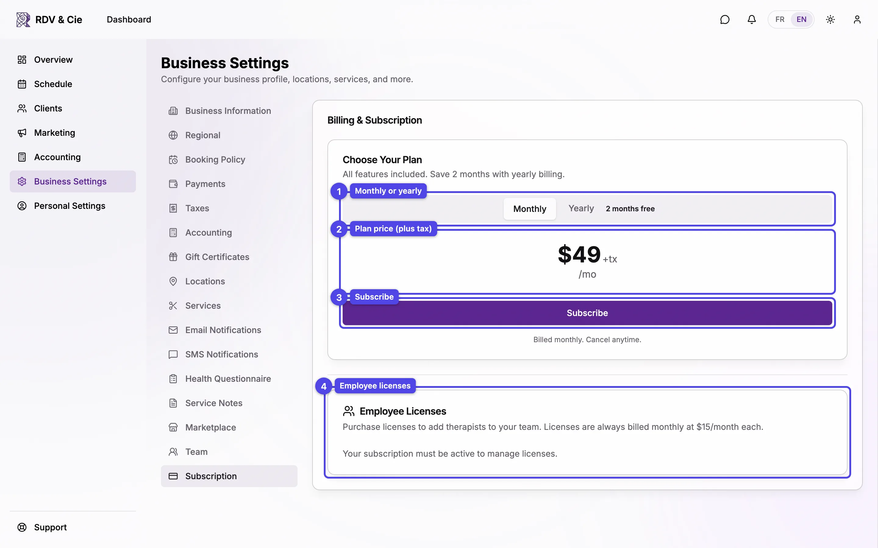 The Choose Your Plan card with the monthly/yearly toggle and price, plus the Employee Licenses card.