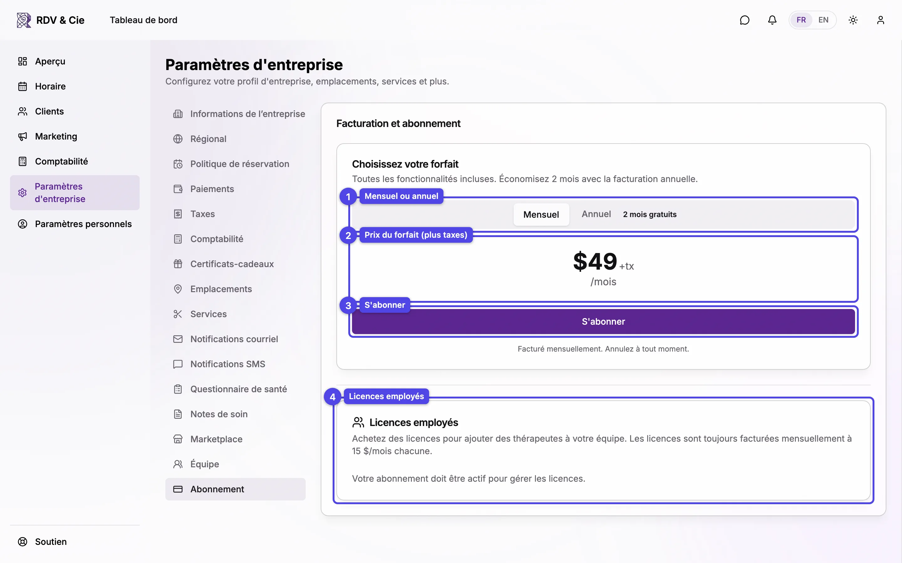 La carte Choisissez votre forfait avec le bascule mensuel/annuel et le prix, ainsi que la carte Licences employés.