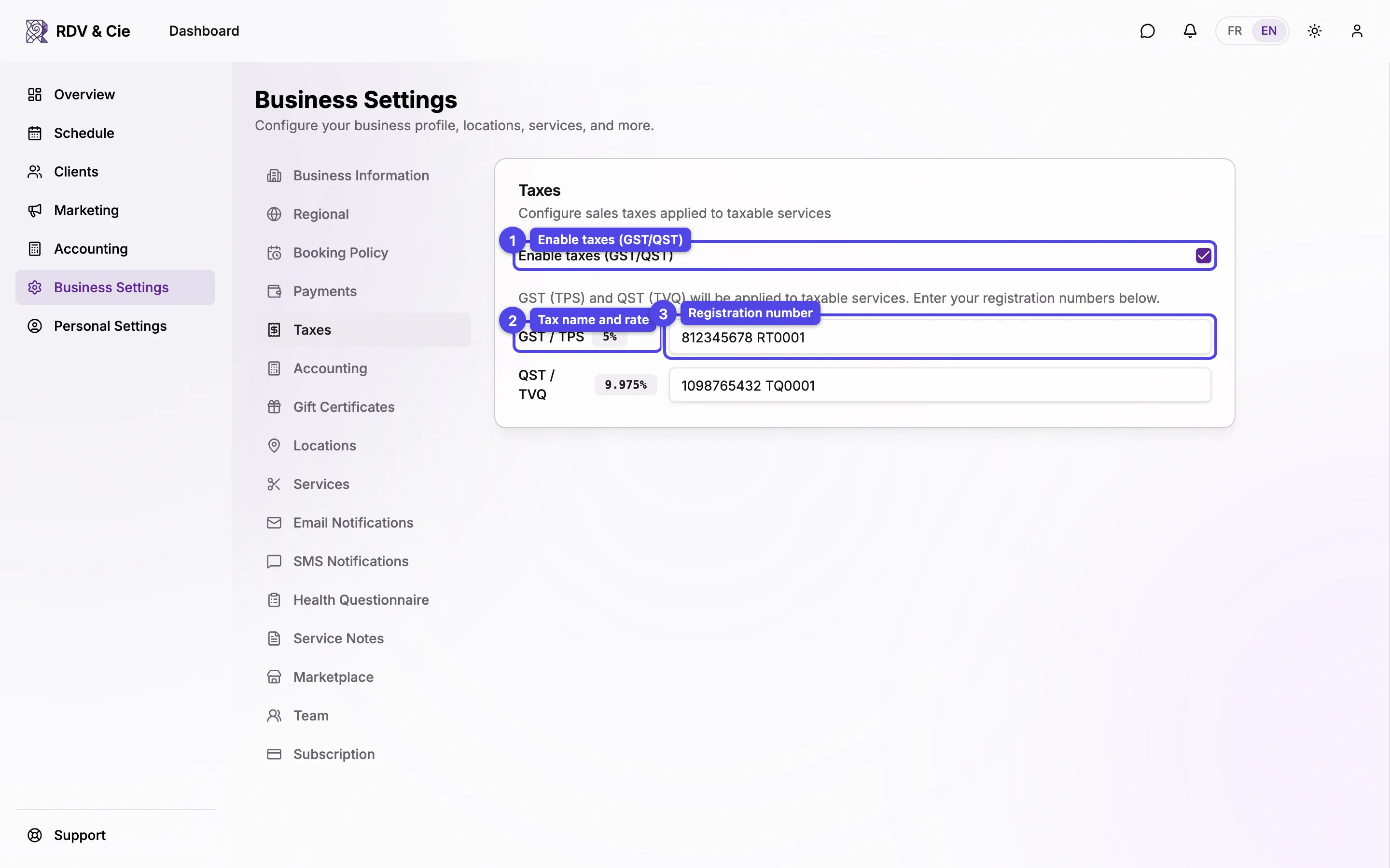 The Taxes section with the enable toggle and GST/QST registration number fields.