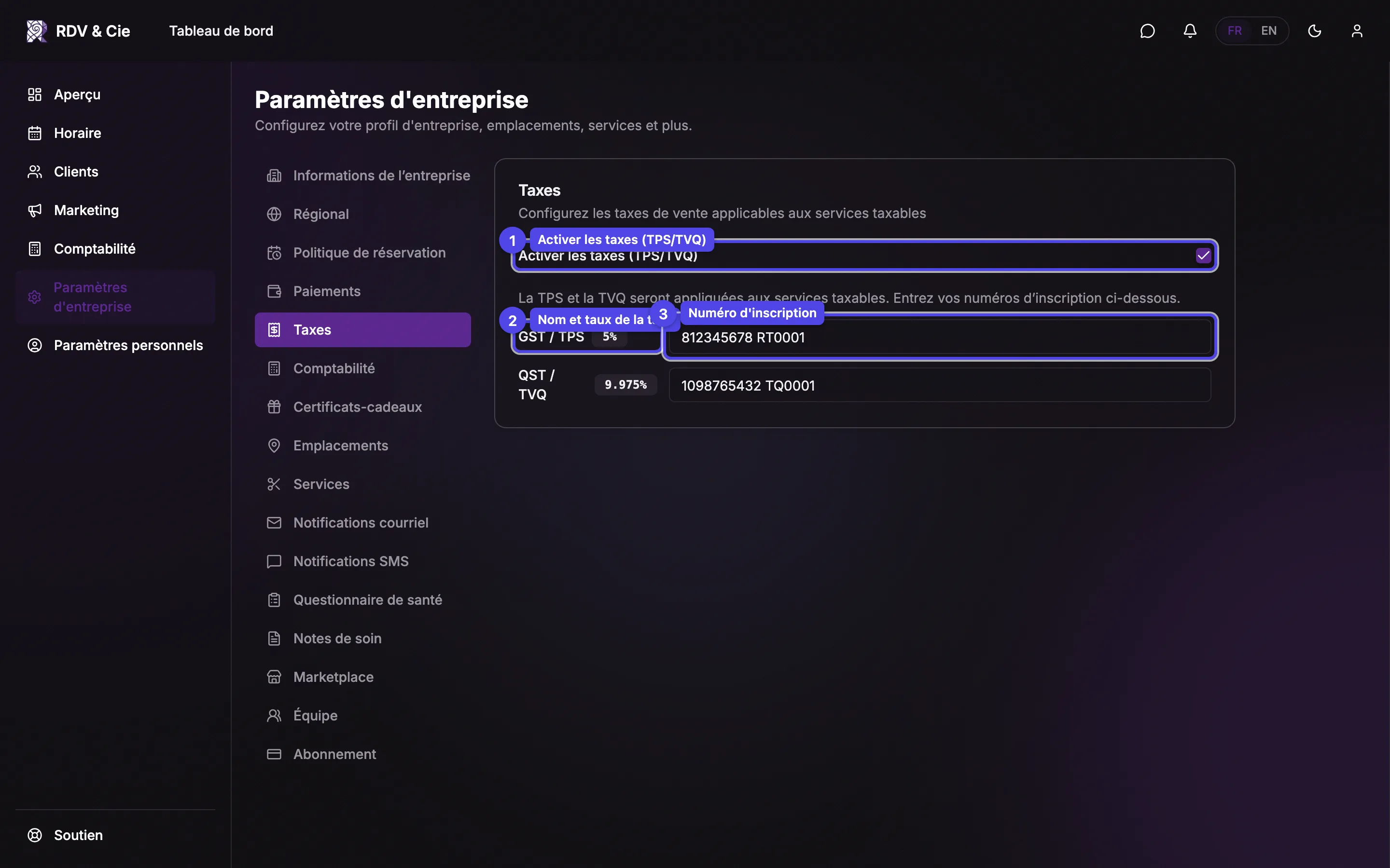 La section Taxes avec l'interrupteur d'activation et les champs de numéro d'inscription TPS/TVQ.