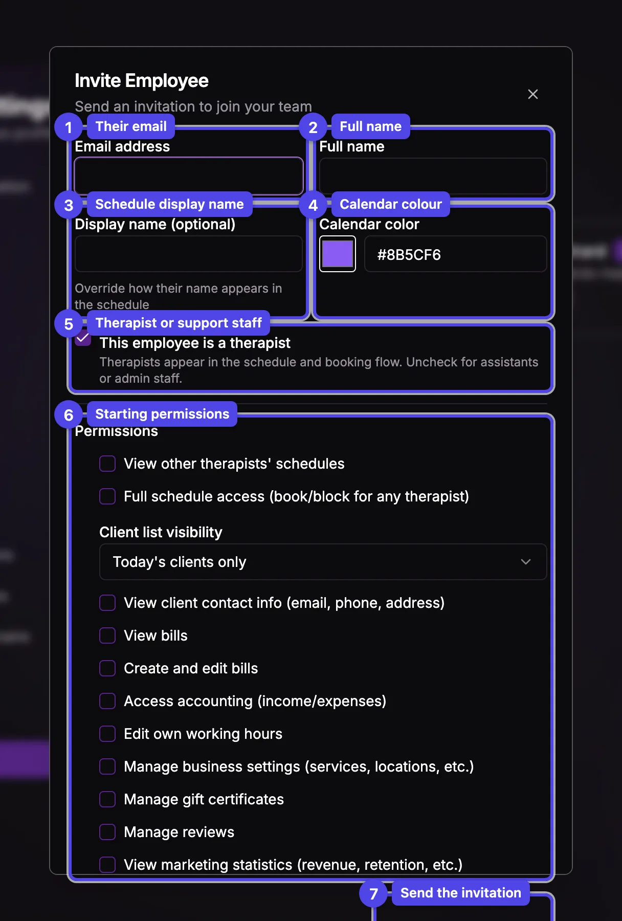 The invite-employee dialog with email, name, display name, colour, therapist toggle, and permissions