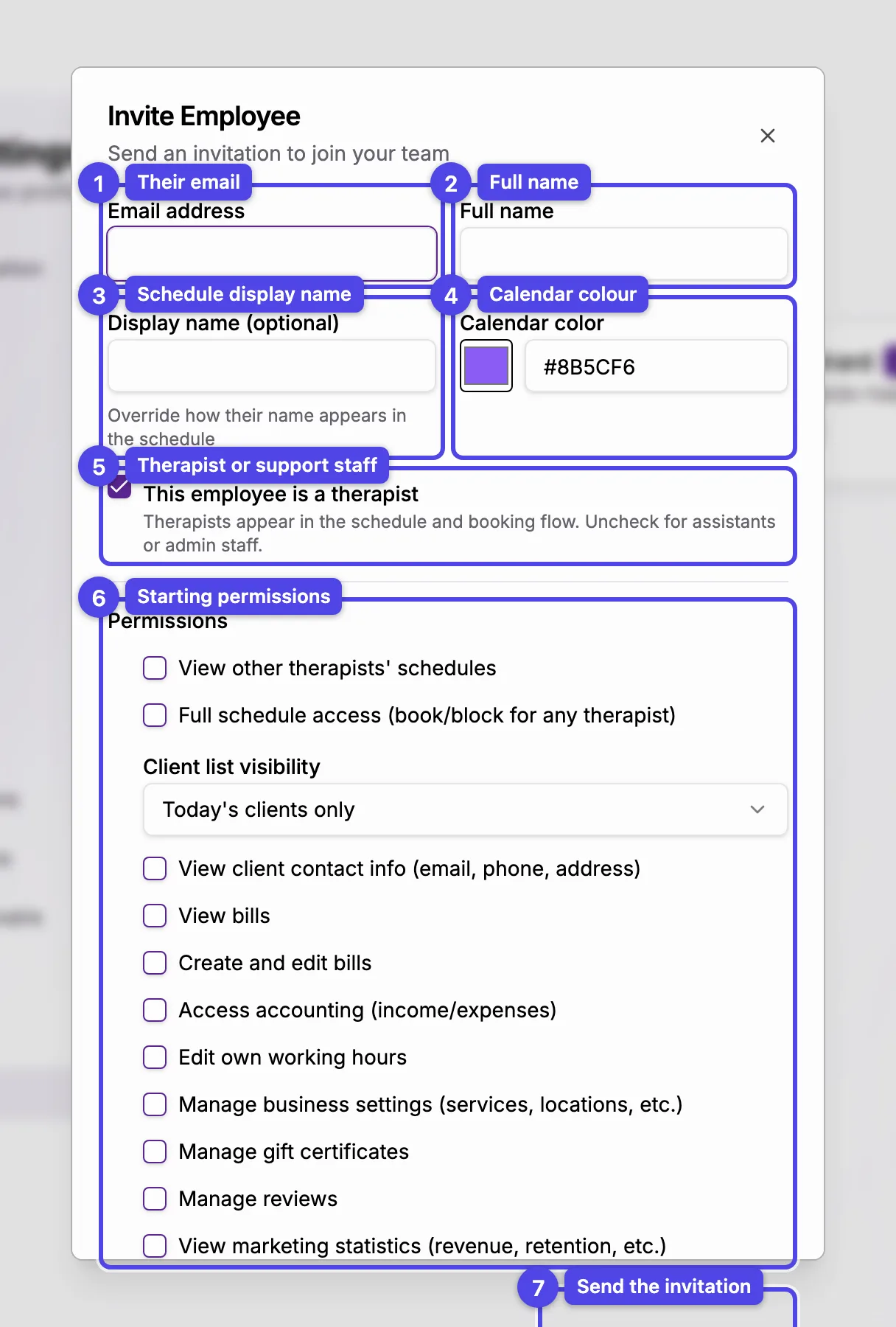 The invite-employee dialog with email, name, display name, colour, therapist toggle, and permissions