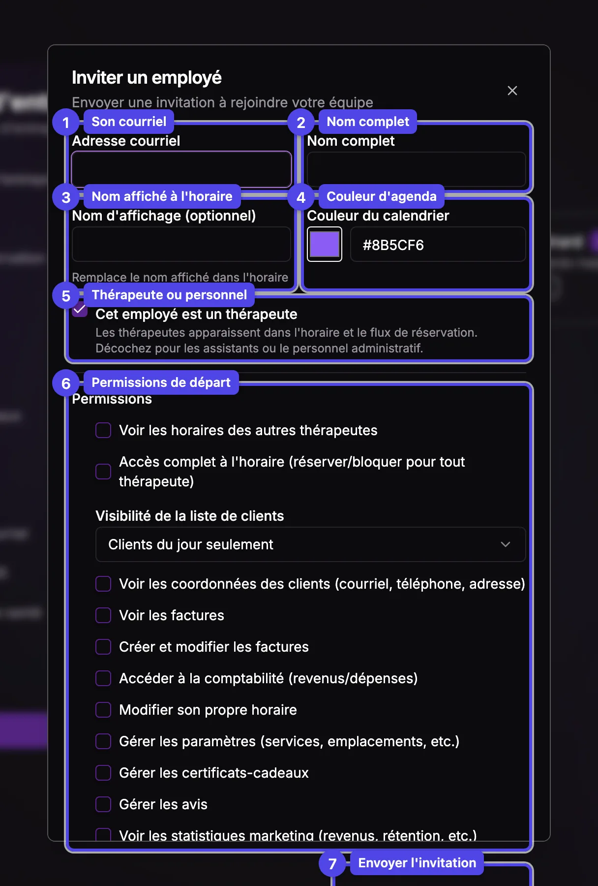 La fenêtre d'invitation avec courriel, nom, nom affiché, couleur, case thérapeute et permissions