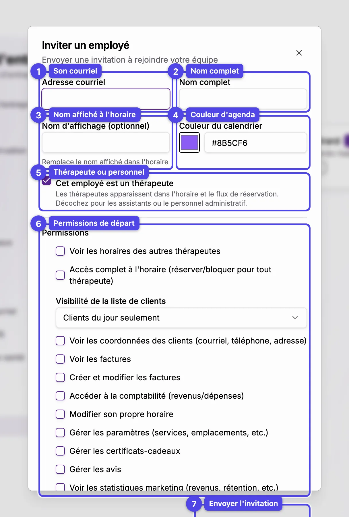 La fenêtre d'invitation avec courriel, nom, nom affiché, couleur, case thérapeute et permissions