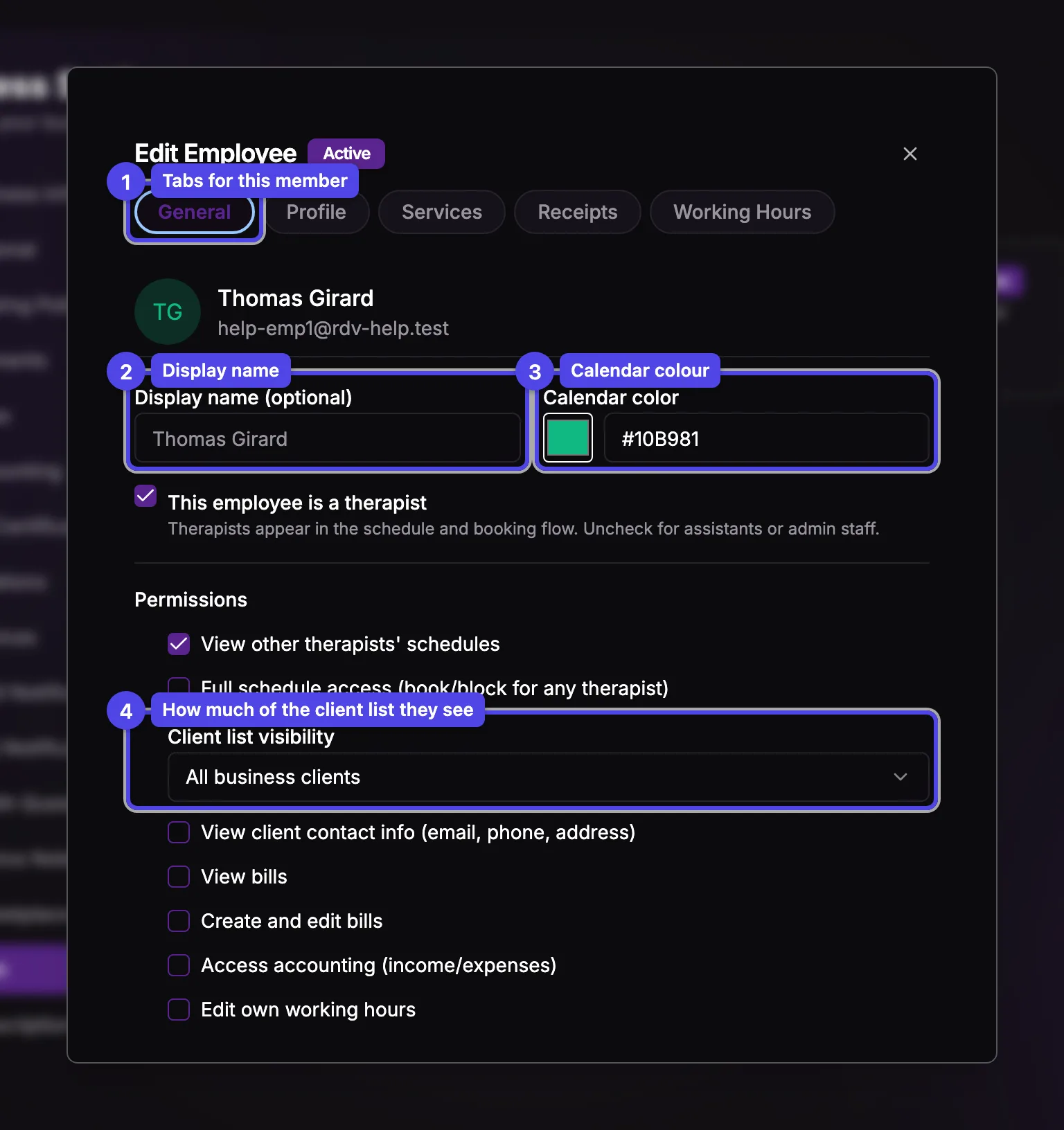 The member dialog on the General tab with display name, colour, permissions, and the deactivate/remove/save actions
