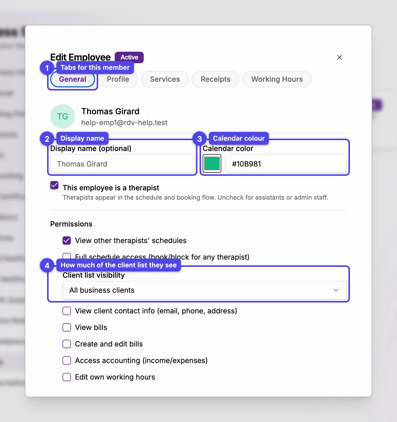 The member dialog on the General tab with display name, colour, permissions, and the deactivate/remove/save actions