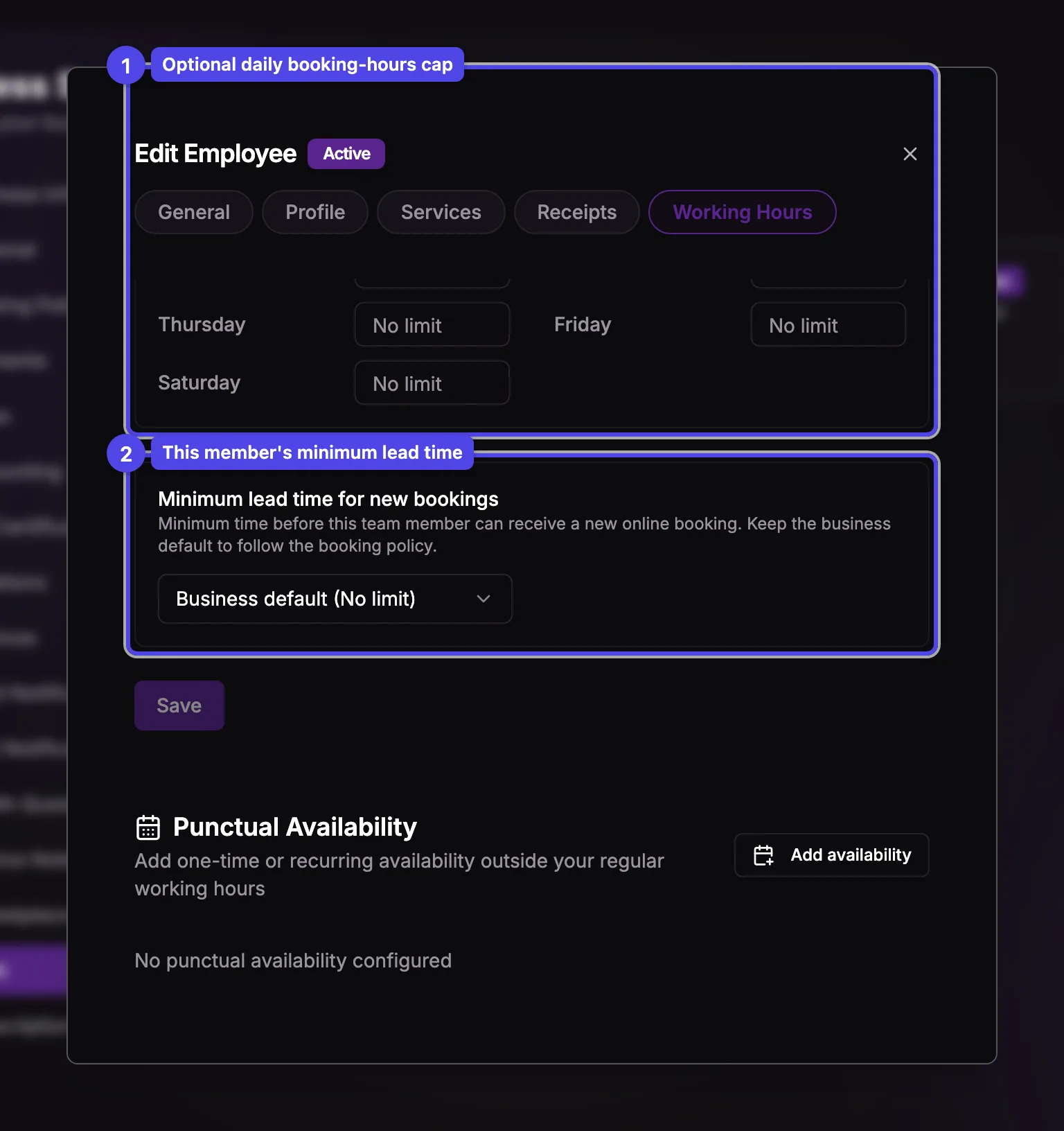 Below the weekly grid: the daily max-hours cap and the member's own minimum lead time select