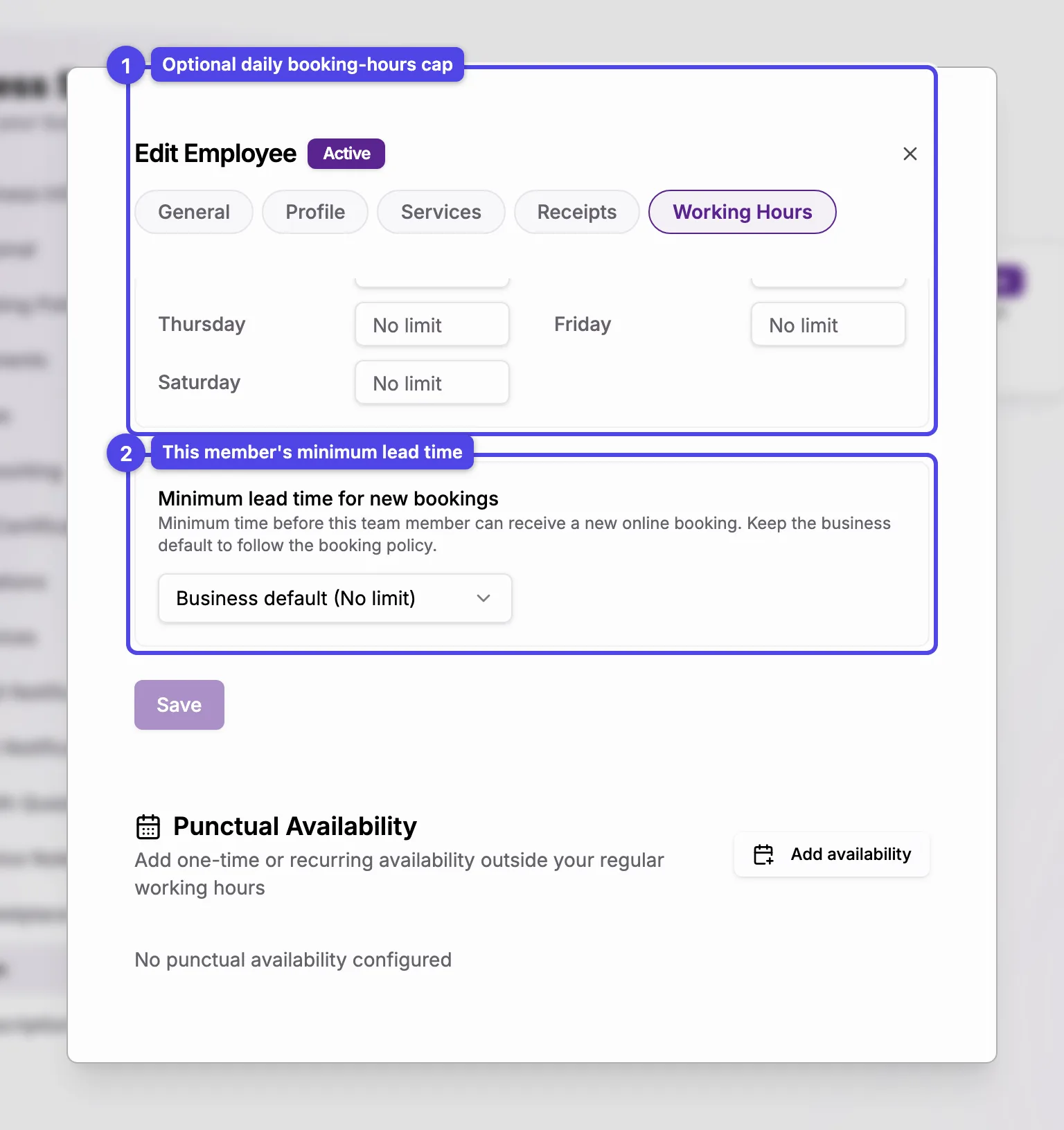 Below the weekly grid: the daily max-hours cap and the member's own minimum lead time select