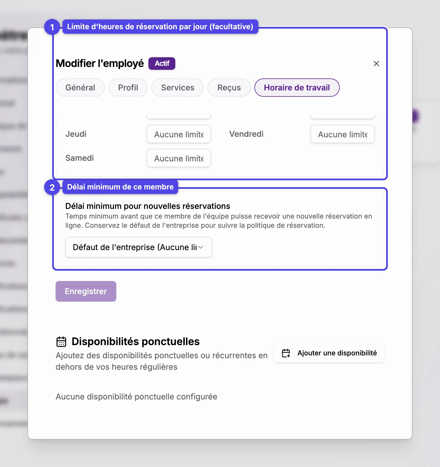 Sous la grille hebdomadaire : la limite d'heures max par jour et le sélecteur de délai minimum du membre
